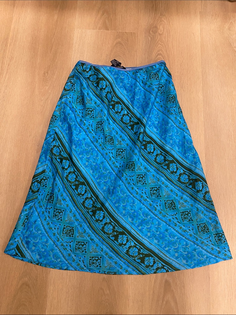 Vintage Johnathan Martin Studio Silk Blue & Teal Patterned A-Line Skirt